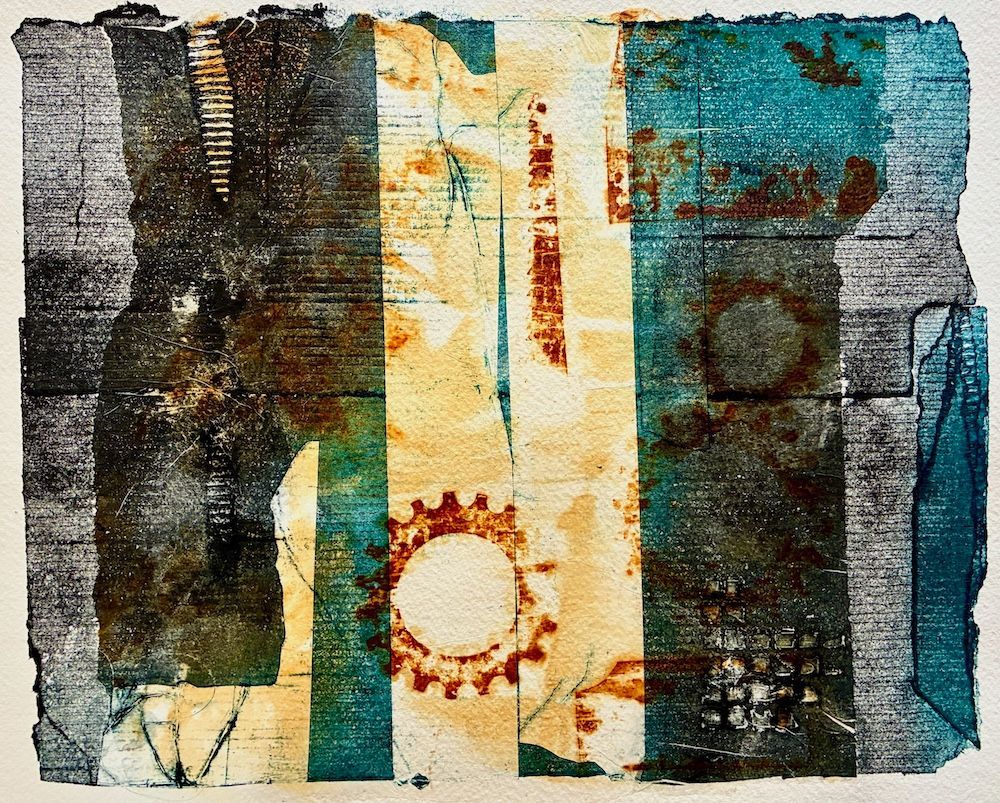 Abstract mixed-media collage with teal, cream, and brown textures, geometric panels, and a circular sun-like motif