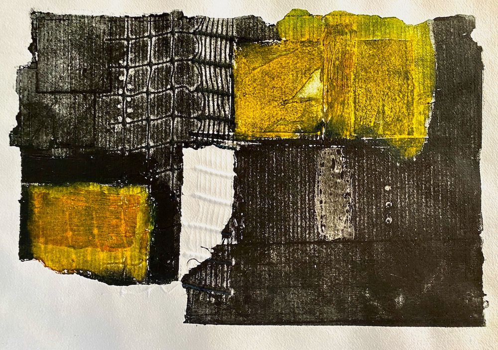 Yellow and Black Collagraph and Emboss 24cm x 35cm 43cm x 53cm framed Unique Print £300