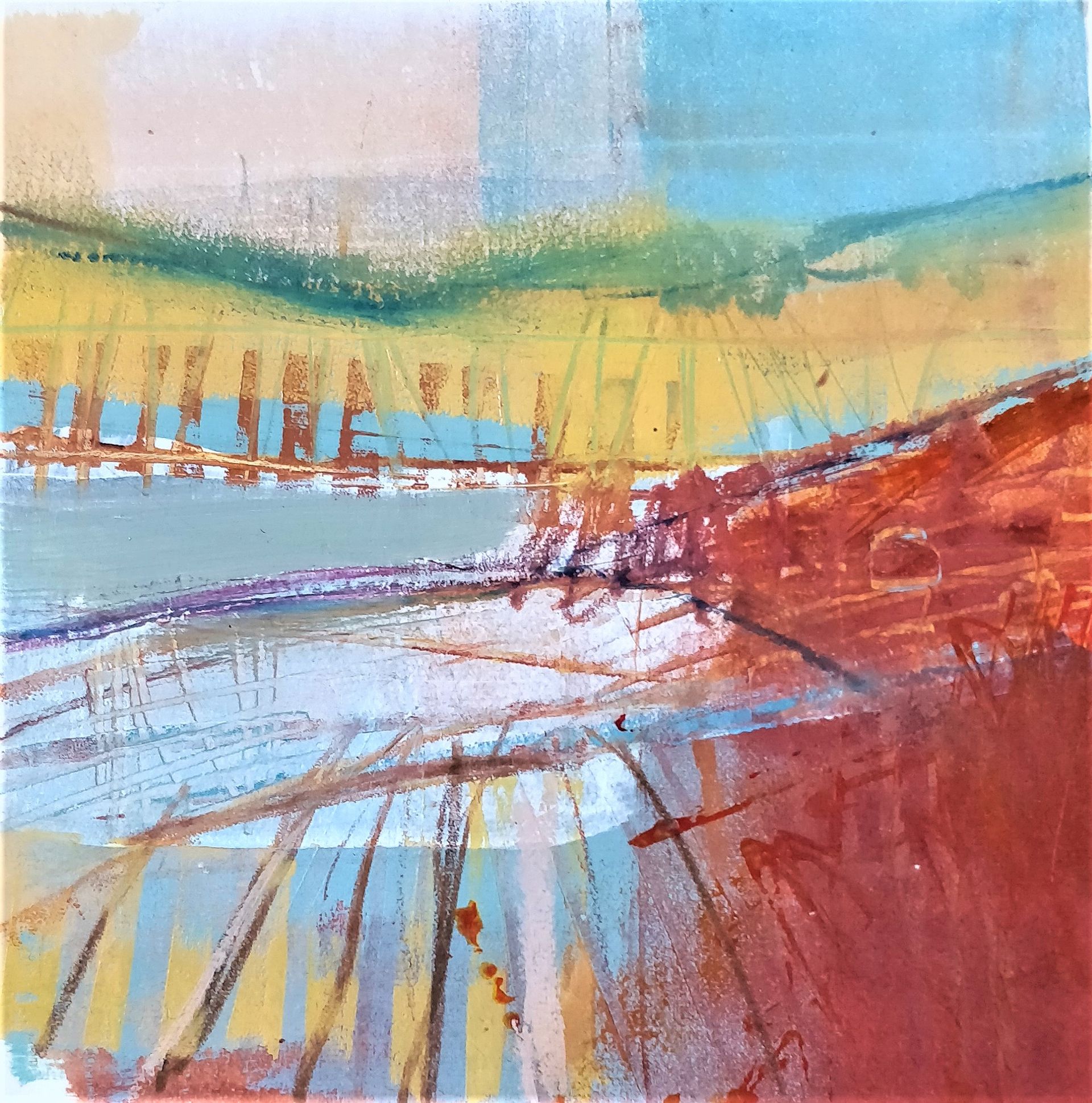 Yvette Glaze Autumn Landscape I Acrylic, Ink and Linoprint 12cm x 12cm