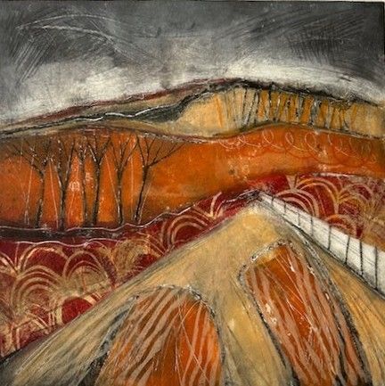 Yvette Glaze Autumn Thunder Collagraph with Lino and collage. Framed size 43cm 43cm £180