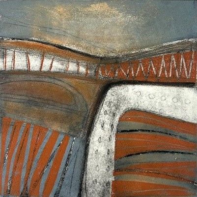 A painting of a road with trees in the background titled falling leaves