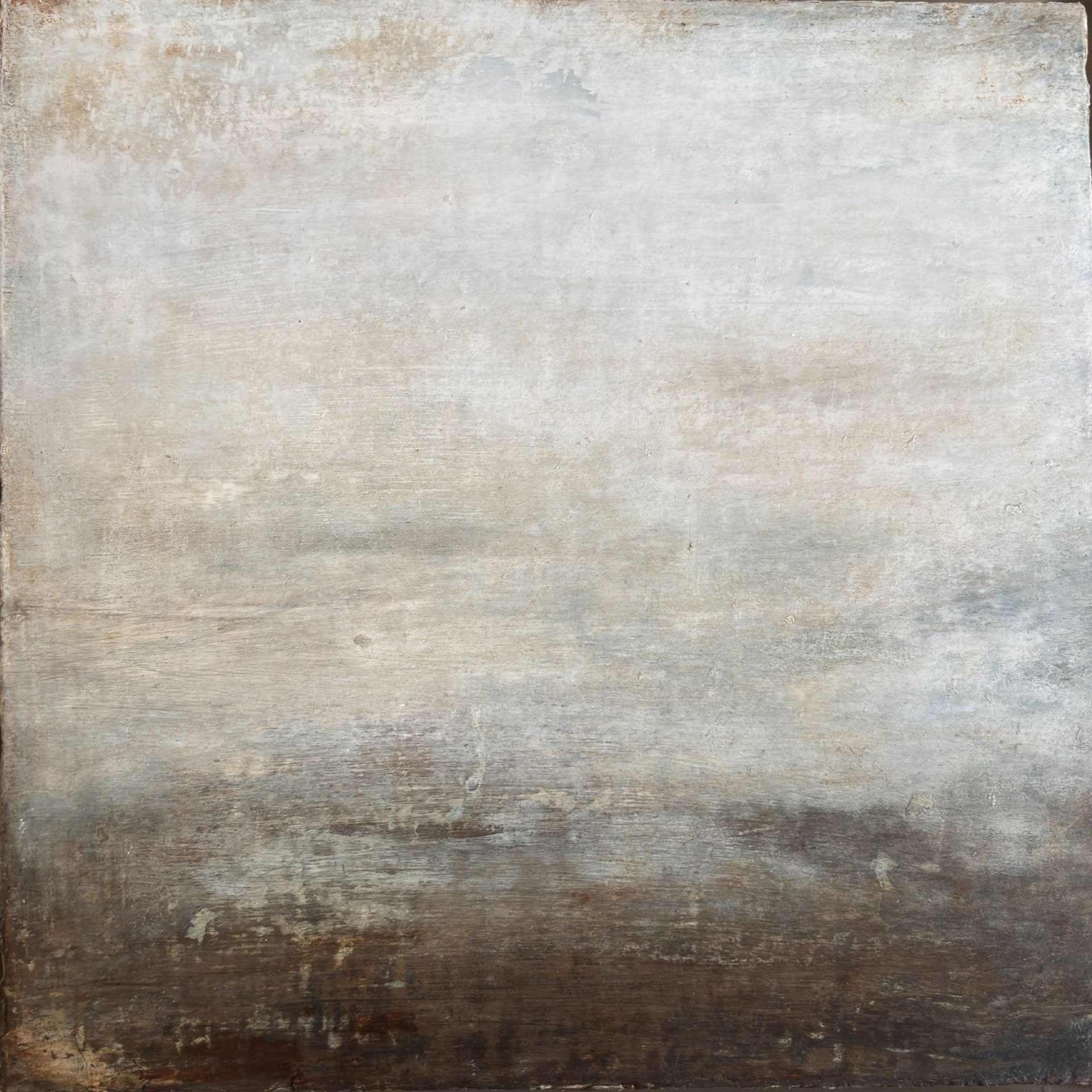 Abstract muted landscape with pale gray sky and dark brown ground tones