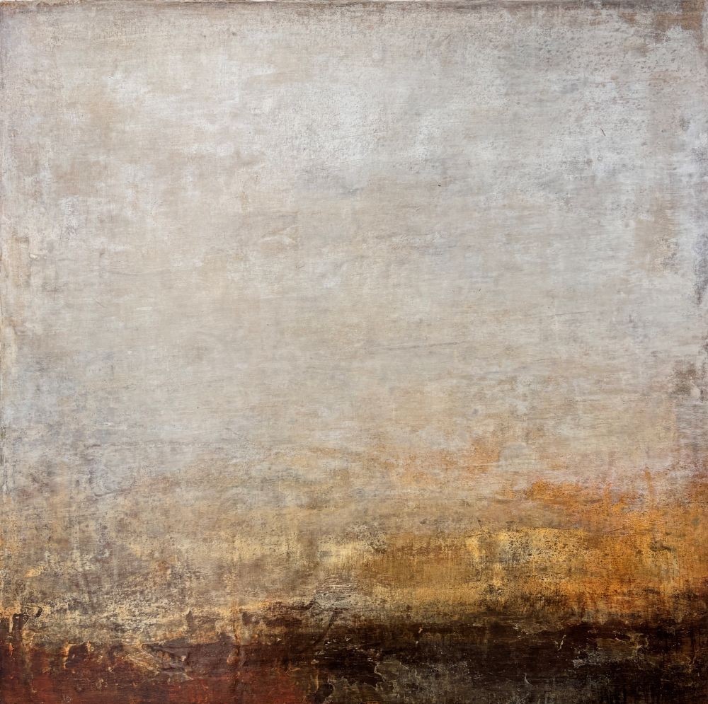 Abstract textured painting in beige, gray, and rust tones with a weathered, earthy horizon effect