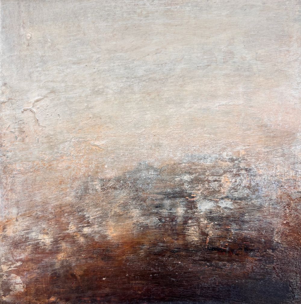 Abstract painting with pale cream sky and dark brown textured lower area