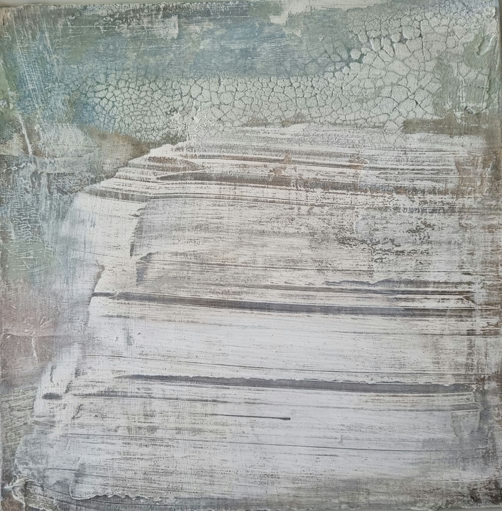 Abstract textured painting with pale gray, white, and muted blue-green brushstrokes and crackled surface.