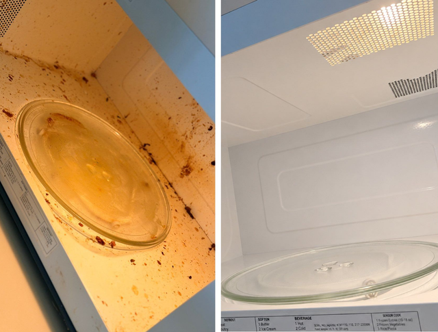 Before-and-after microwave interior: dirty, stained turntable on left; clean white microwave on right.