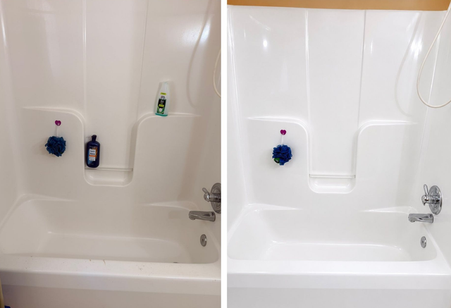 Before-and-after of a bathtub wall with a blue suction cup and cleaning bottles in a shower niche.