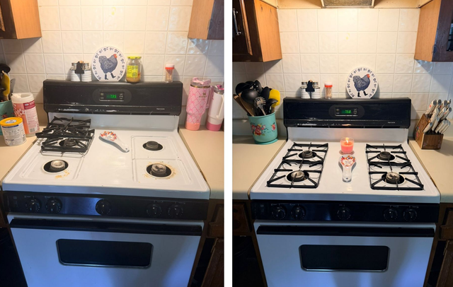 Before-and-after kitchen stovetop cleanup, showing a dirty burner area beside a cleaner, organized stove.