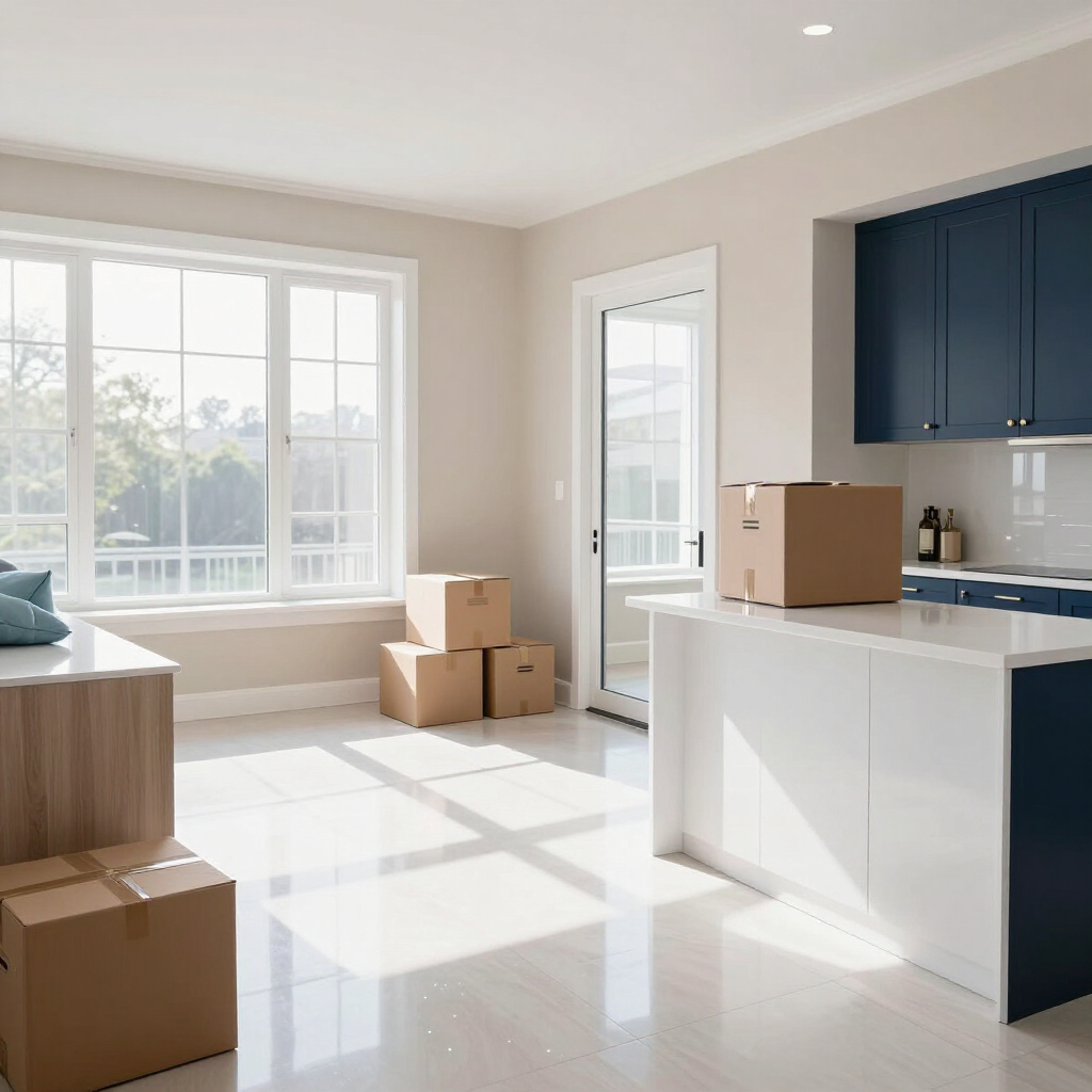Bright empty kitchen and living room with cardboard moving boxes near large sunlit windows