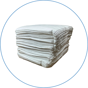 A stack of folded white rectangular fabric pieces, likely cleaning cloths or towels, centered in a blue circle.