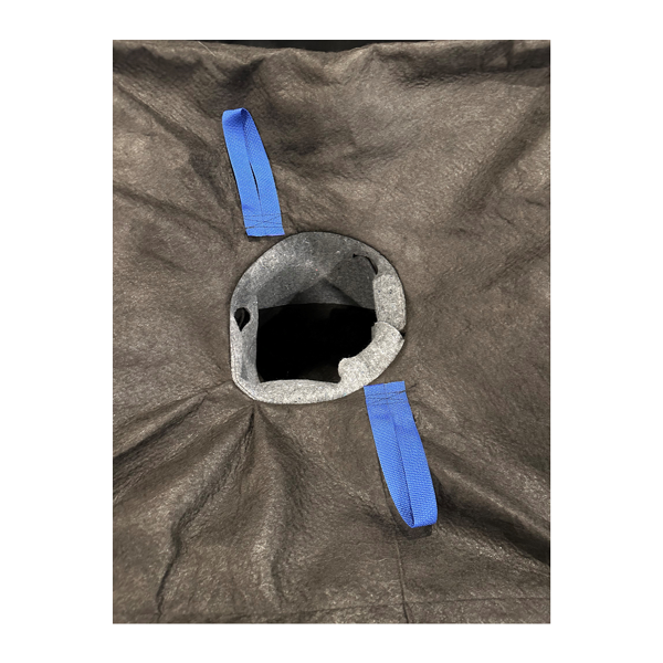 A dark gray fabric sheet with a circular opening in the center, featuring two blue pull-tabs attached near the edge.