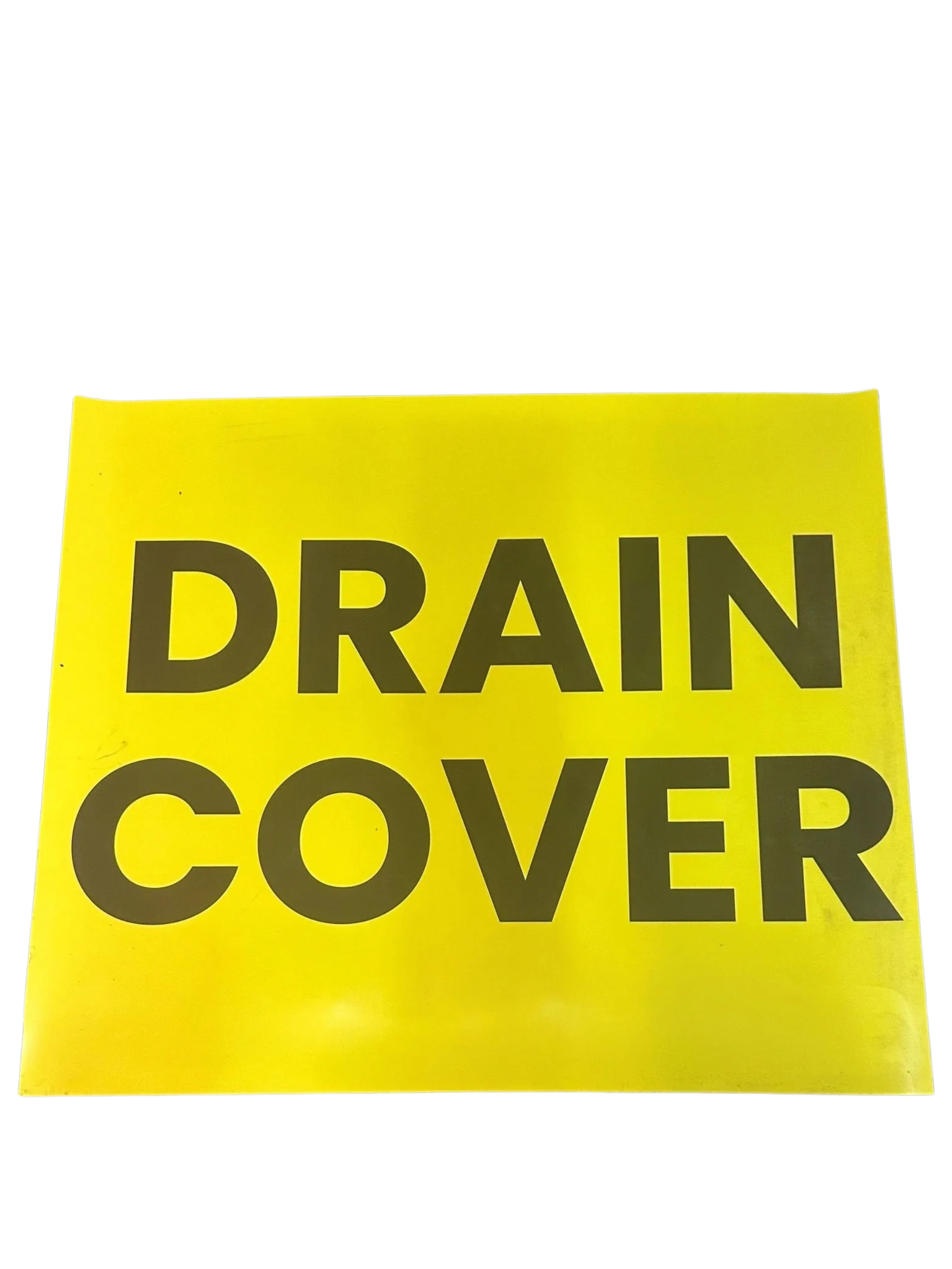 Bright yellow rectangular sign with the words 