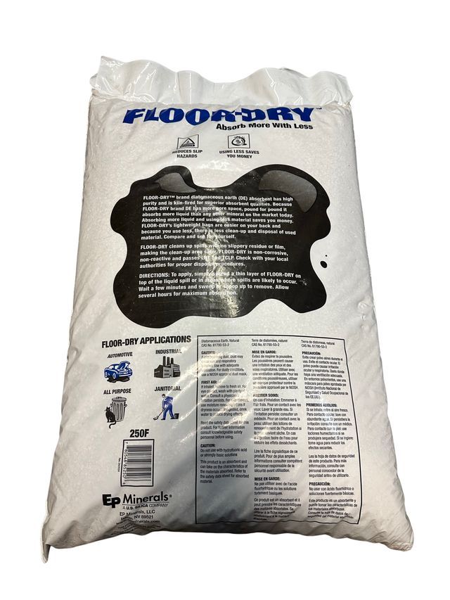 A white 25-pound bag of Floor-Dry absorbent material featuring a graphic of a car over a dark spill.