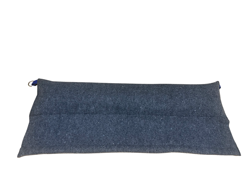 A grey, rectangular felt bag with a blue strap and a metal D-ring attachment against a plain white background.