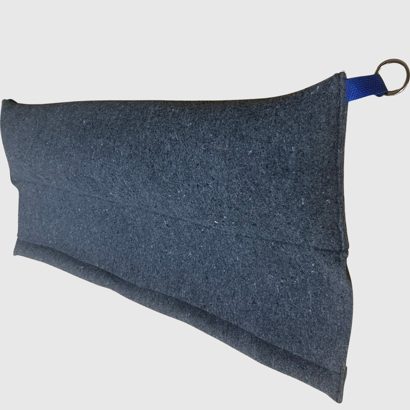 A grey, rectangular felt bag with a blue strap and a metal D-ring attachment against a plain white background.