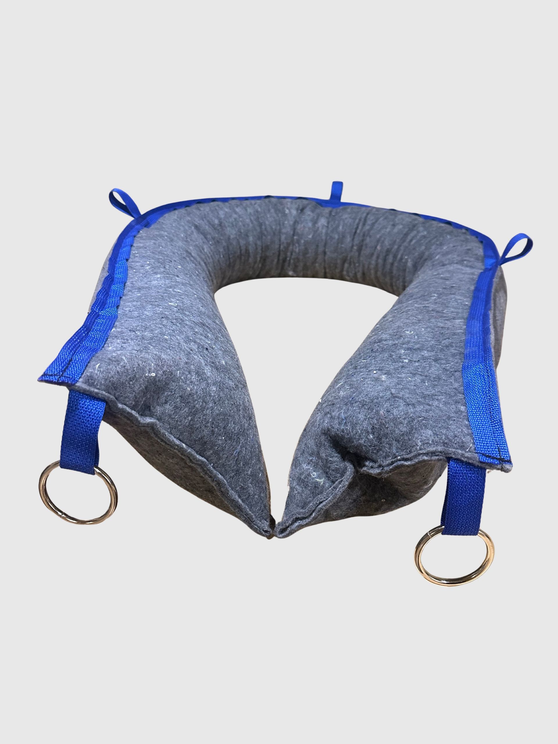 A U-shaped grey fabric neck wrap with blue trim and metal rings attached to the ends for securing it.