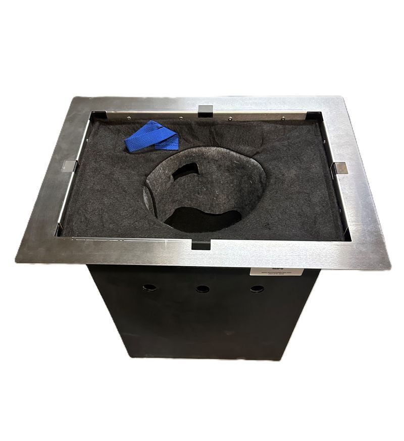 A rectangular metal ceiling register frame containing a black foam filter with a central circular opening and a blue tab.