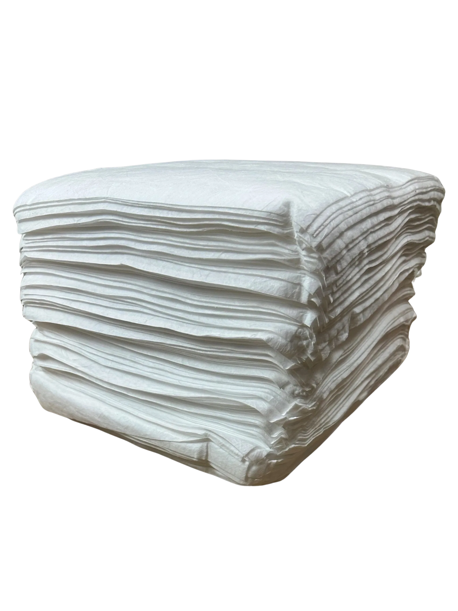A stack of folded white rectangular cloth towels on a plain white background.