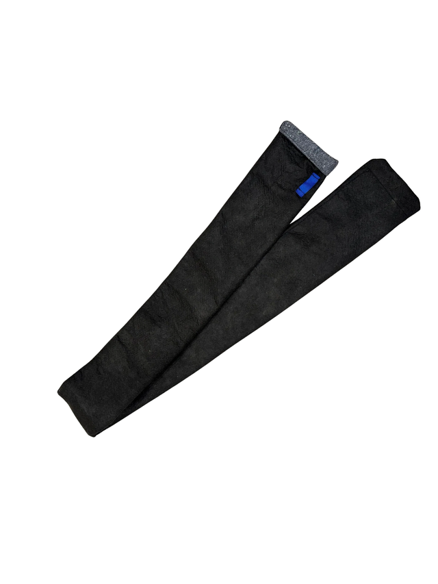 A pair of black arm sleeves with a grey inner cuff and a small blue tag on a white background.