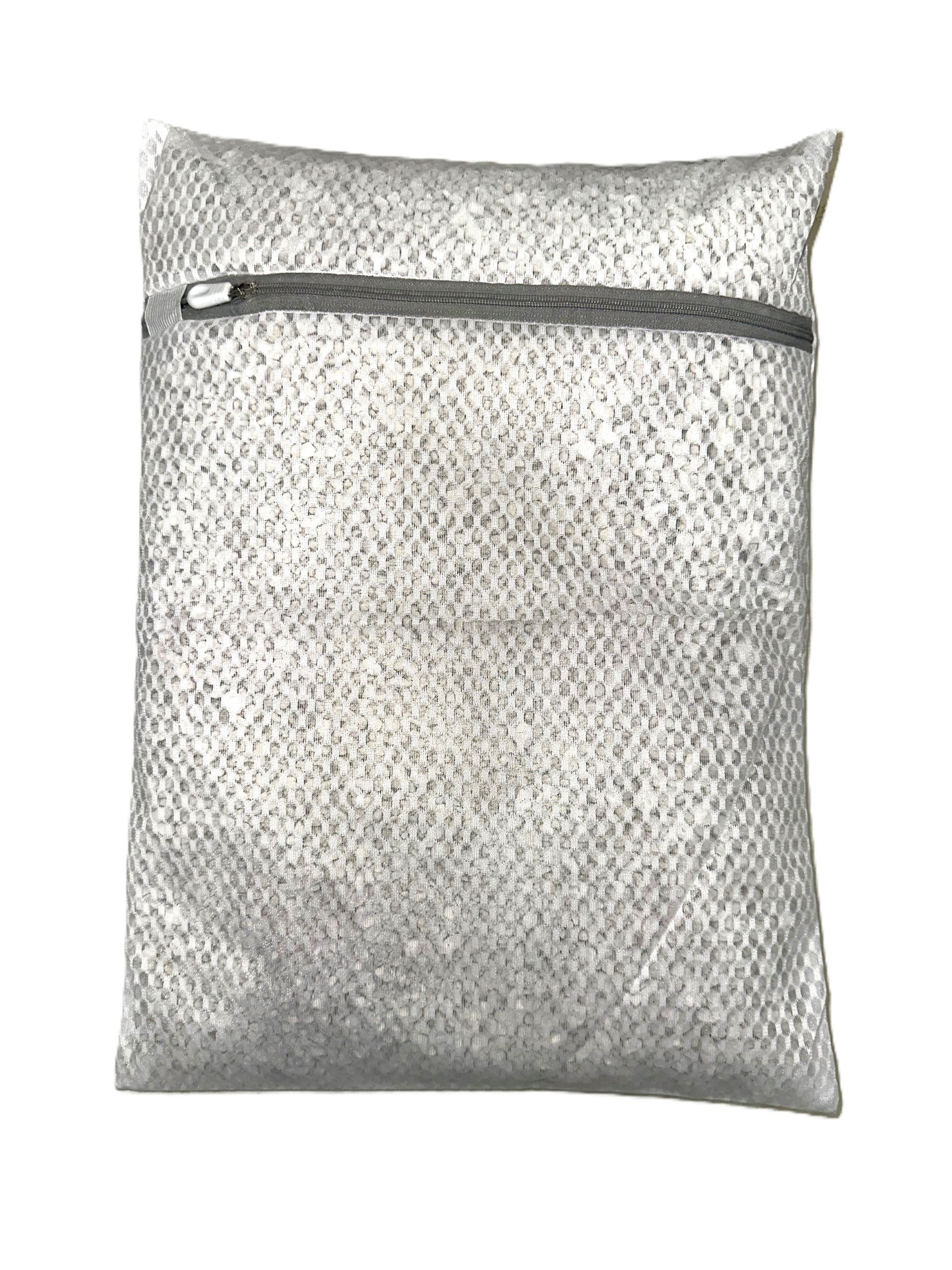Silver zippered mesh laundry bag with a rectangular shape and rounded corners