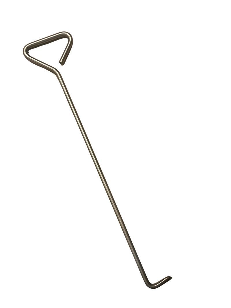A metal grate lifter with a triangular handle and a hooked end.