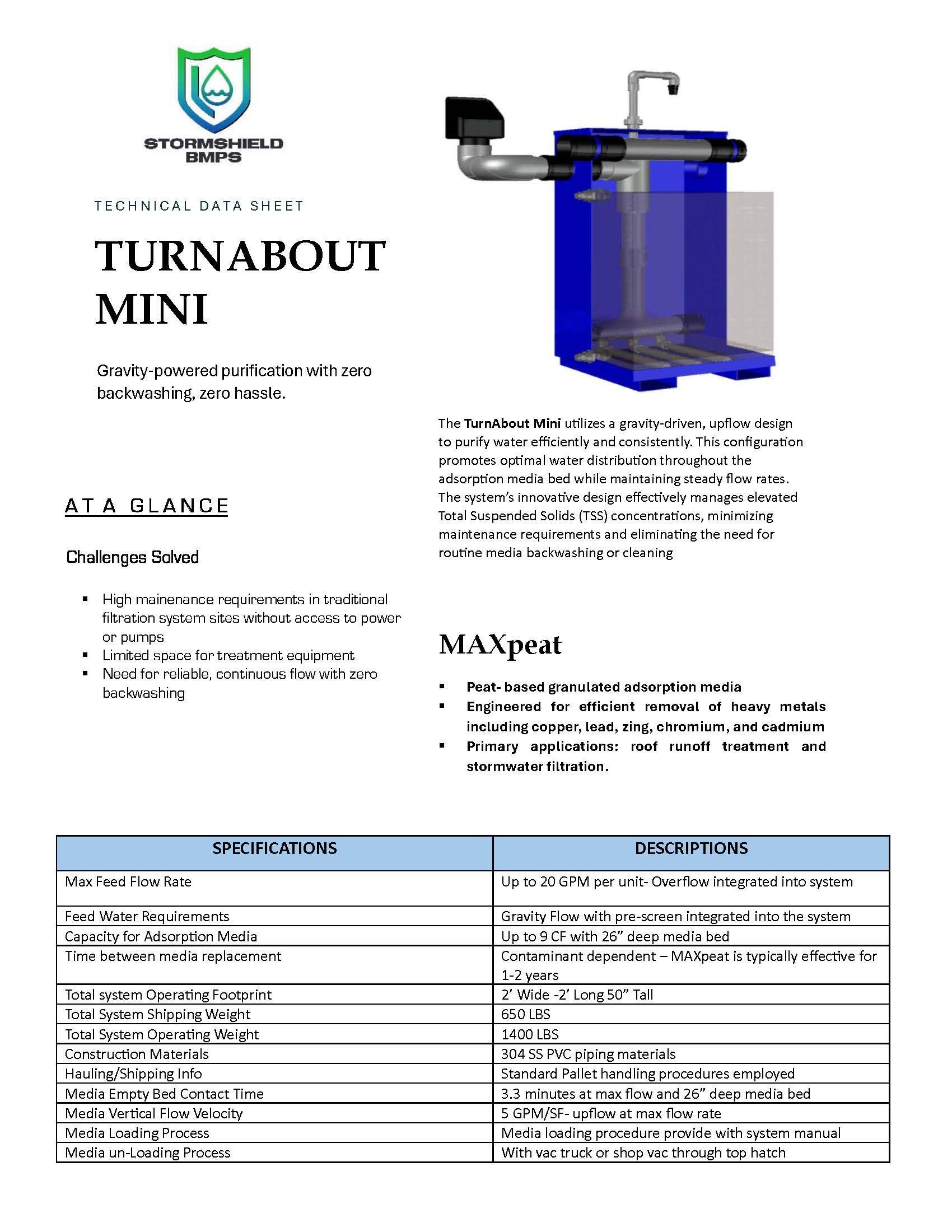 Two views of a blue, box-like machine with a pipe, faucet, and internal tank, plus a table detailing its components.