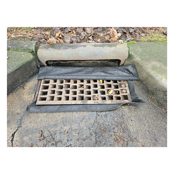Drain grate covered by a black fabric, along a curb; some leaves.
