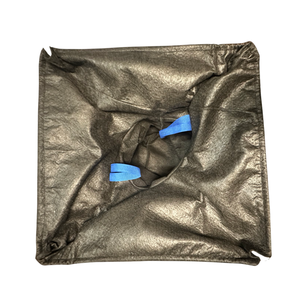 A square, dark grey, fabric-like drainage inlet filter bag with two blue plastic straps in the center.