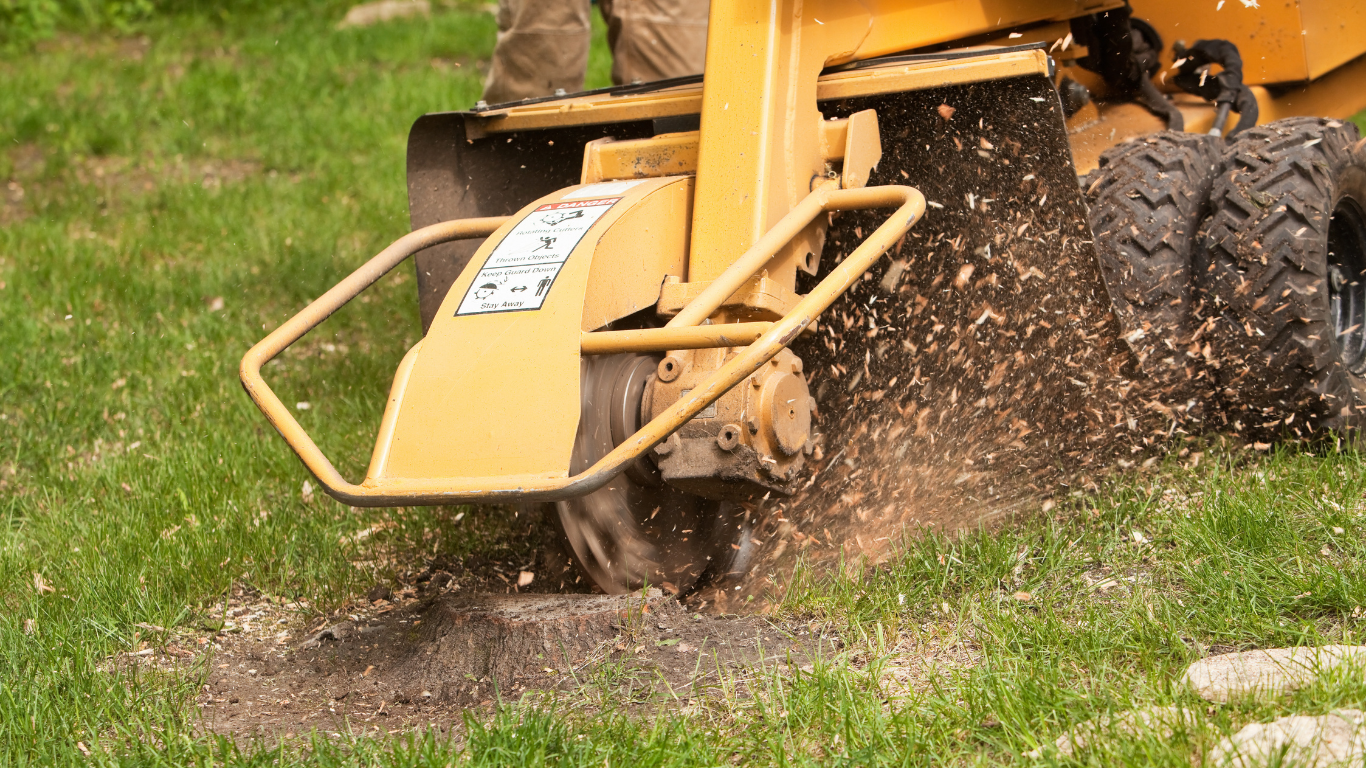 Yellow lawn mower throwing dirt as it cuts grass outdoors