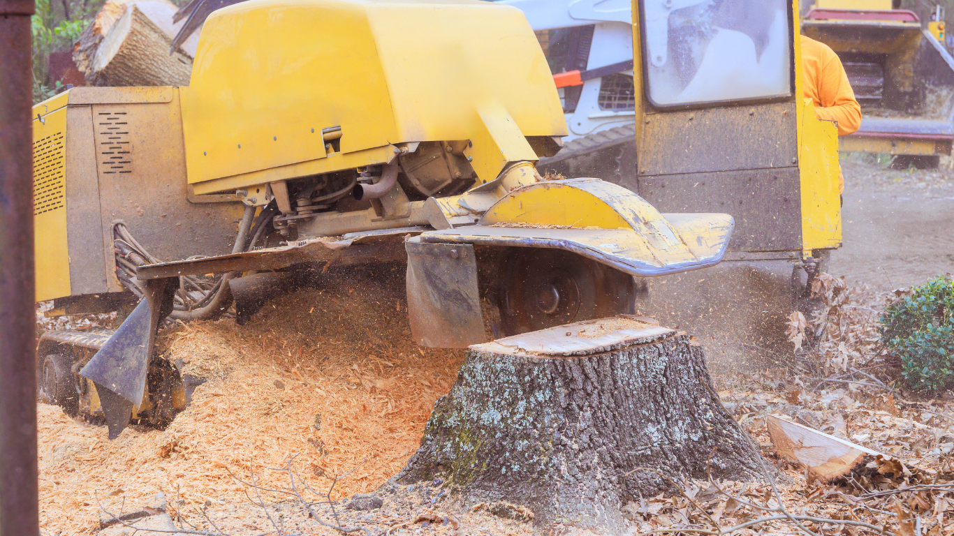 Yellow wood chipper ejecting wood chips onto the ground beside a worker in a wet outdoor worksite.