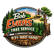 Bob Evans Tree Service logo with tree climber, truck, and phone number 931-980-1800 in Clarksville, TN
