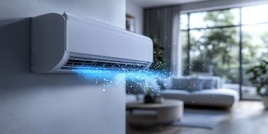 Wall-mounted air conditioner cooling a modern living room, with blue mist flowing into the room.