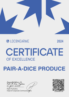 Certificate of Excellence for Pair-A-Dice Produce, from LOC8NEARME. Blue and white design, 2024.