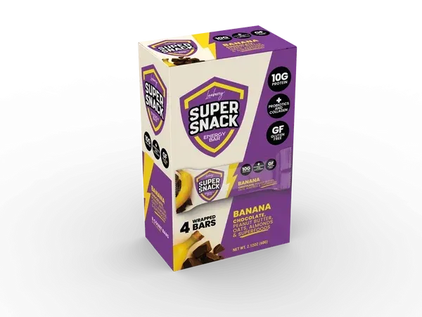 Purple Super Snack banana snack box with four bars shown on a white background