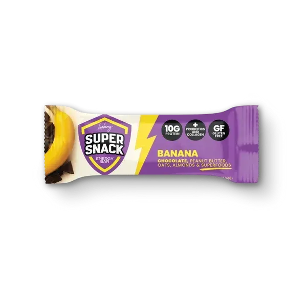 Purple Super Snack banana snack box with four bars shown on a white background