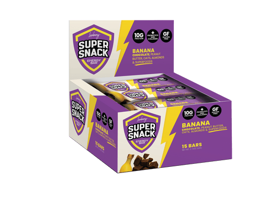 Purple Super Snack banana snack box display with stacked packets and yellow banana graphics