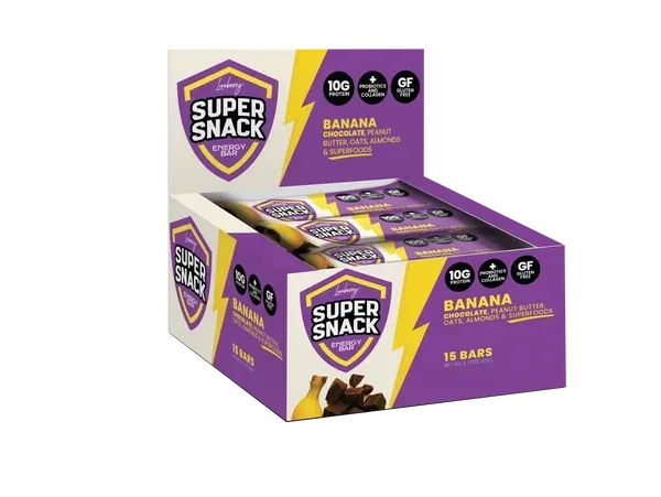 Purple Super Snack banana snack boxes displayed in a retail-style stack with banana pieces on the front.