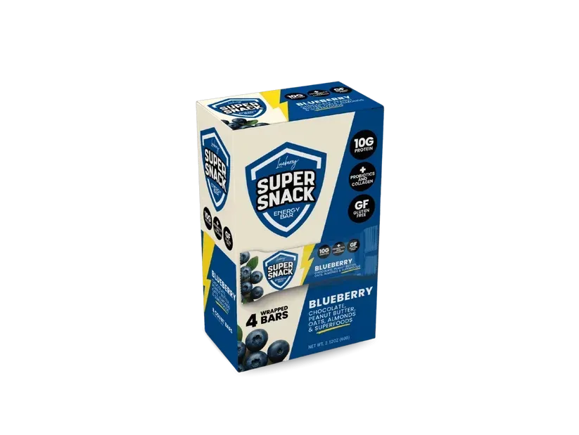 Blue Super Snack blueberry cereal box on a white background