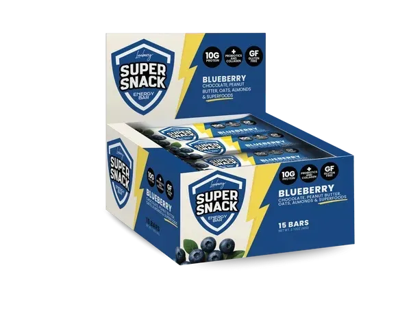 Blueberry Super Snack granola bars box with a display pack of assorted snack bars