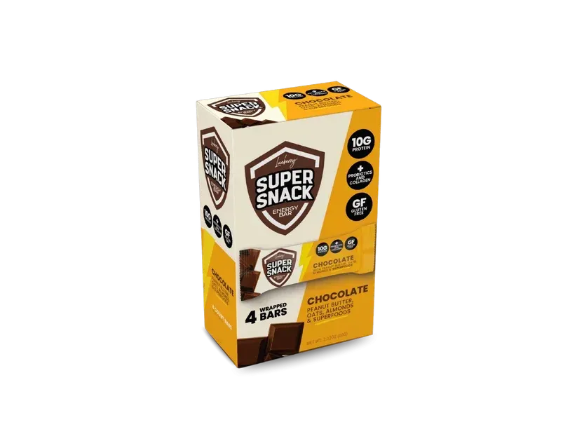 Yellow and brown Super Snack snack box with chocolate flavor label on white background