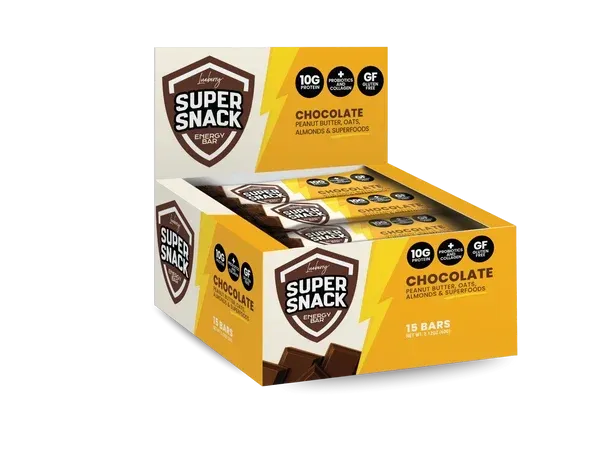 Super Snack chocolate snack bar display box, yellow and brown packaging, front-facing pack of 12 bars