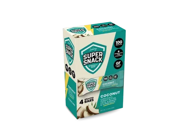Teal and white Super Snack coconut wafer box with coconut pieces shown on the front