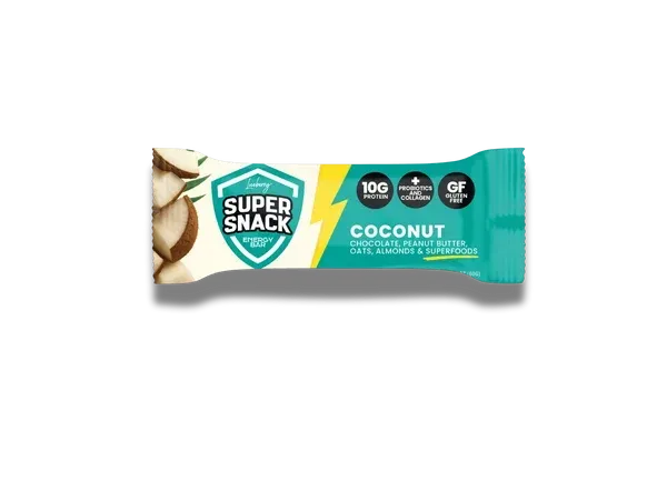 Teal and white Super Snack coconut wafer box with coconut pieces shown on the front