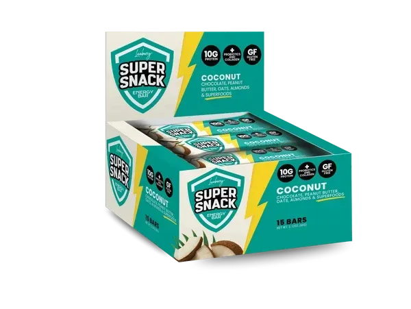 Turquoise Super Snack coconut snack boxes with coconut pieces on a white background