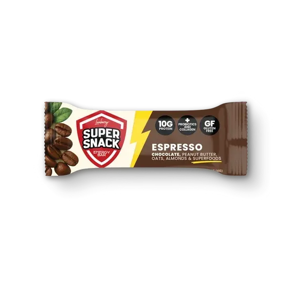 Dark purple Super Snack cereal box with colorful snack bar images and orange accents on a white background