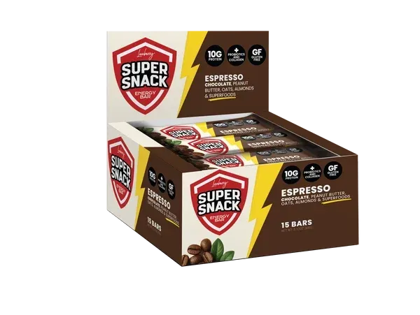 Super Snack espresso protein bars box display, brown and white packaging with cocoa beans.