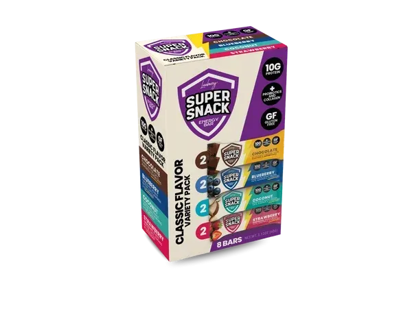 Purple Super Snack cereal box with colorful layered bars and bold white logo