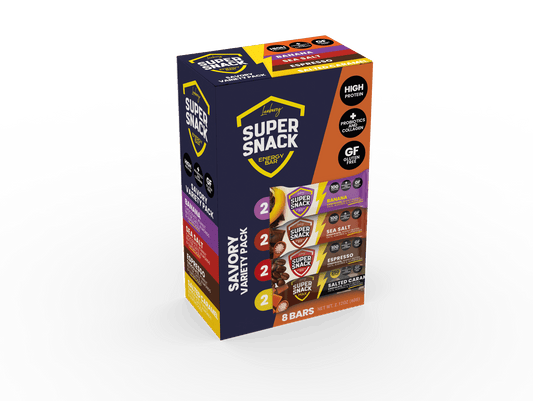 Box of Super Snack cereal with dark blue and orange packaging on a white background