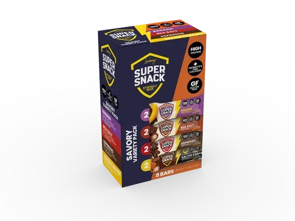 Dark purple Super Snack cereal box with colorful snack bar images and orange accents on a white background