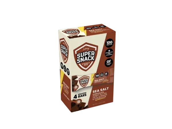 Super Snack Sea Salt snack box, brown and white packaging, shown on a white background